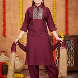 Muhuratam Girls Burgundy Pure Silk Kurta Sets-image-119