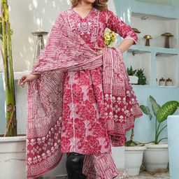 SINGNI Floral Printed Pleated V-Neck Pure Cotton A-Line Kurta With Trousers & Dupatta-image-17