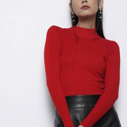 SASSAFRAS Women Red Ribbed Acrylic Pullover-image-19