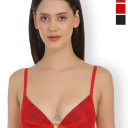 SELFCARE Pack Of 3 Net Embroided Half Coverage Plunge Bra-picture-12