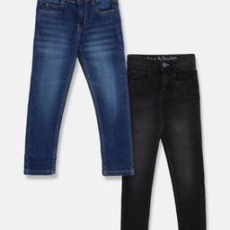 Tales & Stories Pack Of 2 Solid & Washed Button Down Jeans - Blue & Black-image-77