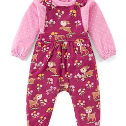 Babyhug Cotton Knit Dungaree with Full Sleeves Inner Tee Set Fawn & Floral Print - Maroon & Pink-image-51