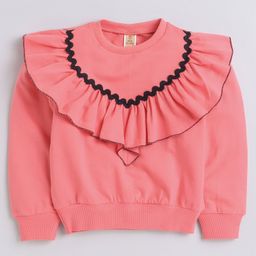 Aww Hunnie Full Sleeves Frill  & Lace Detailed Autumn & Winter Wear Sweatshirt - Peach-image-82