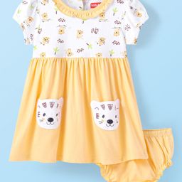 Babyhug Single Jersey Knit Half Sleeves Tiger Printed Frock with Bloomer & Patch - Yellow-image-64