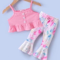 Kookie Kids Sleeveless Top & Bell Bottom Pants With Unicorn Print - White & Pink-image-10