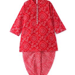 Babyhug Cotton Woven Full Sleeves Kurta Dhoti Set Bandhani Print - Red-image-33