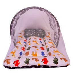 Babytoons Cotton Bedding Set Thick Base Foldable with Mosquito Net and Head Pillow - Zip Closure (Grey, 0-12 Months)-27