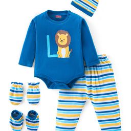 Babyhug 100% Cotton Full Sleeves Onesies with Leggings and Cap Mittens Booties Lion Print - Blue-image-96