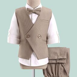 Robo Fry Full Sleeves Textured 3 Pieces Party Suit with Bow - Tan-image-80