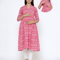 CRAFIQA Three Fourth Sleeves Abstract Printed Maternity Kurta With Concealed Zipper Nursing Access - Pink-picture-0
