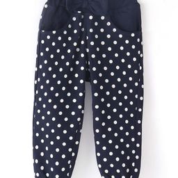 Olio Kids Cotton Knit Full Length Lounge Pant With Polka Dots Print & Bow Applique - Navy-image-30