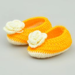 Funkrafts Handmade Crochet Woollen Floral Booties - Yellow-16