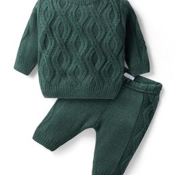 Babyhug Knitted Full Sleeves Solid Colour Pullover Sweater Set With Cable Knit Design - Dark Green-image-37