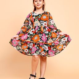 Little Marine Full Sleeves Floral Printed & Lace Embellished Fit & Flare Dress - Multi Colour-image-7