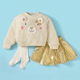 Little Kangaroos Fleece Woven Full Sleeves Winter Top & Skirt Set With Animal Applique & Stockings - Golden-image-55