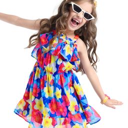 Ollington St.Georgette Woven Singlet SleevesFrock With Floral Print - Yellow Pink & Blue-image-95