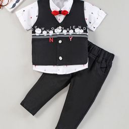Dapper Dudes Half Sleeves Palm Trees Printed Shirt With Waistcoat Pant & Bow - Black-image-73