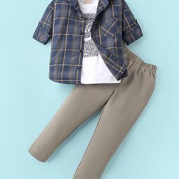 Rikidoos Full Sleeves Checked Shirt With Typography Printed Tee & Pant - Navy Blue & Khaki-image-95