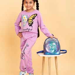 Trampoline Full Sleeves Butterfly & Beautiful Text Printed Crop Top & Coordinating Track Pant Set - Purple-image-32