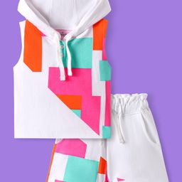 OLLINGTON ST. Cotton Co-ords Set Sleeveless Printed Hoodie Top & Shorts - Multicolor & White-image-79