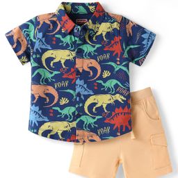 Babyhug Single Jersey Knit Half Sleeves Dino Printed Shirt & Shorts Set - Navy Blue & Beige-image-85
