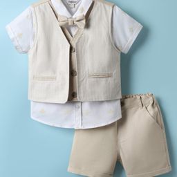 ToffyHouse Cotton Woven Half Sleeves Party Suits With Bow - Cream & White-image-40
