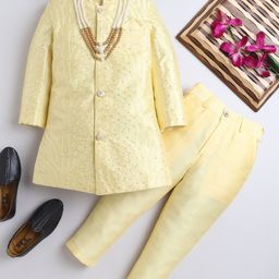 Ahhaaaa Silk Blend Full Sleeves Leaves Embroidered Sherwani & Pant Set - Yellow-image-85
