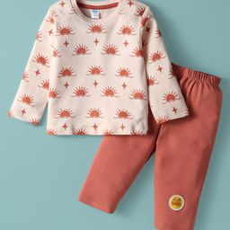 Tango Interlock Knit Full Sleeves Sun Printed T-Shirt & Pant Set - Peach & Coral-image-15
