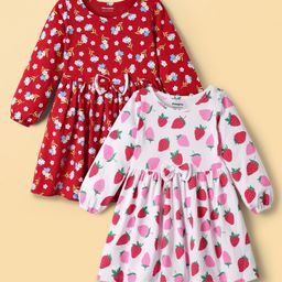 Honeyhap Premium 100% Cotton with Bio Finish Full Sleeves Frocks with Floral Print & Bow Applique Pack Of 2- High Risk Red & Bright White-image-15