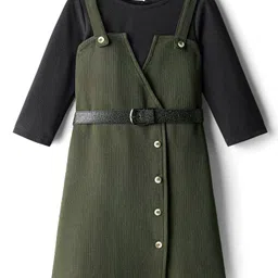 Hola Bonita Knit Full Sleeves Textured Solid Color Dress with Inner Tee & Belt - Olive Green-picture-36