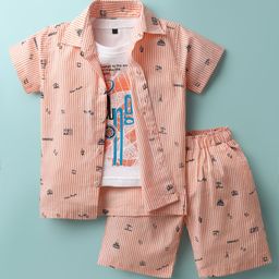 Rikidoos Half Sleeves Striped Doodle Art Printed Coordinating Shirt & Shorts With Tee - Peach & White-image-43