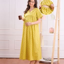 Bella Mama Cotton Woven Half Sleeves Maternity Kaftan with Floral Print - Yellow-picture-7