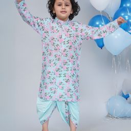 Little Bansi 100% Cotton Muslin Woven Full Sleeves Floral Printed Kurta With Coordinating Dhoti - Sky Blue-picture-34
