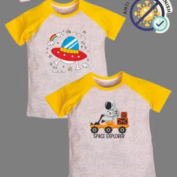 COCOON ORGANICS 100% Cotton Knit Pack Of 2 Half Raglan Sleeves Space Explorer Theme Printed Loose Fit Anti Microbial Tee - Yellow & Grey Melange-picture-28