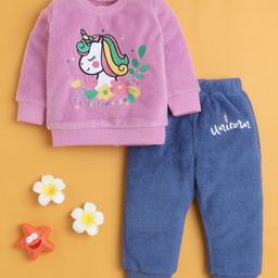 BUMZEE Cotton Blend Knit Full Sleeves Unicorn Puff Printed Light Winter Sweatshirt & Jogger Set - Lilac & Blue-picture-46