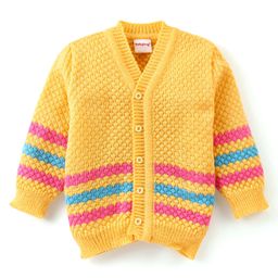 Babyhug Knit Full Sleeves Striped Front Open Sweater & Pant Set with Cap and Booties - Yellow image 2