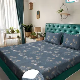 Myntra Elegant Homes Blue & Brown Floral Printed Fitted 300 TCSuper King Bedsheet With 2 Pillow Cover-picture-45