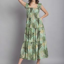 Aawari Women Floral Printed Square Neck Smocked Detai Fit and Flare Tiered Midi Dress-image-38