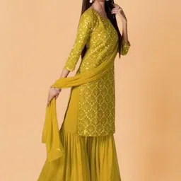 PARROT CREATION Geometric Embroidered Georgette Straight Kurta With Sharara And Dupatta image 3
