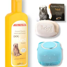 DogMest Shampoo 200ml, Ticknil Soap 75gm and soft Bath Brush. Anti-dandruff, Anti-fungal, Anti-itching, Flea and Tick Floral Dog Shampoo-image-15