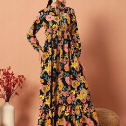 Krunal Raiyani Floral Print Tie-Up Neck Applique Crepe Fit & Flare Maxi Dress-image-90