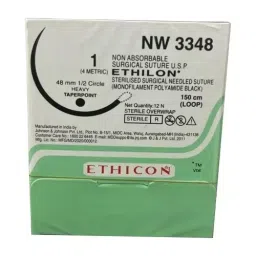 Ethicon 150 cm 2-0 USP Black Ethilon 1 Monofilament Loop Suture NW3348 Pack of 12 Pcs-40