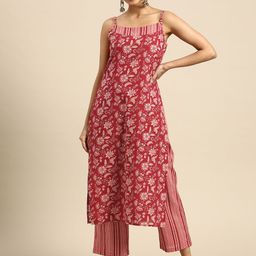 anayna Women Red & Off-White Ethnic Motifs Printed Pure Cotton Kurta with Trousers-10