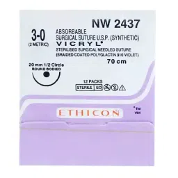 Ethicon 3-0 USP Violet Vicryl 1/2 Circle Round Body Suture NW2437 Pack of 12 Pcs-20