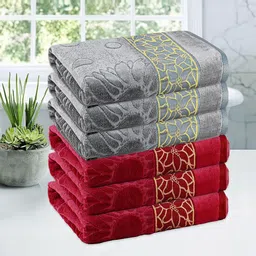 Kuber Industries Maroon & Grey 6 Pieces Printed Cotton 450 GSM Bath Towel-14