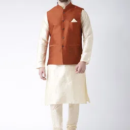 DEYANN Men Rust Orange & Cream Solid Jacquard Kurta with Pyjamas & Nehru Jacket-picture-33