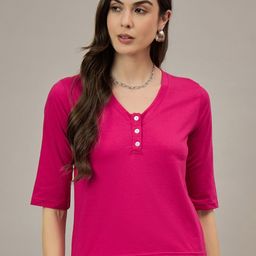 R.Code by The Roadster Lifestyle Co. Women Solid V-Neck Cotton T-shirt-image-16