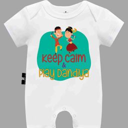 The Peppy Tend Navratri Theme Half Sleeves Keep Calm & Play Dandiya Text    Printed Rompers  - White-picture-29
