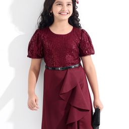 Hola Bonita Half Sleeves Sequin Embroidered with Scuba Ruffle Party Dress - Red-image-20