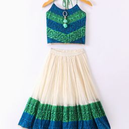 Twisha Sleeveless Floral Printed & Lace Embellished Top & Ghagra - Blue & Off White-image-98